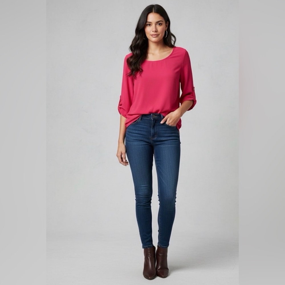 Bright Fuchsia Pink 3/4 Sleeve Blouse with Tab Detail